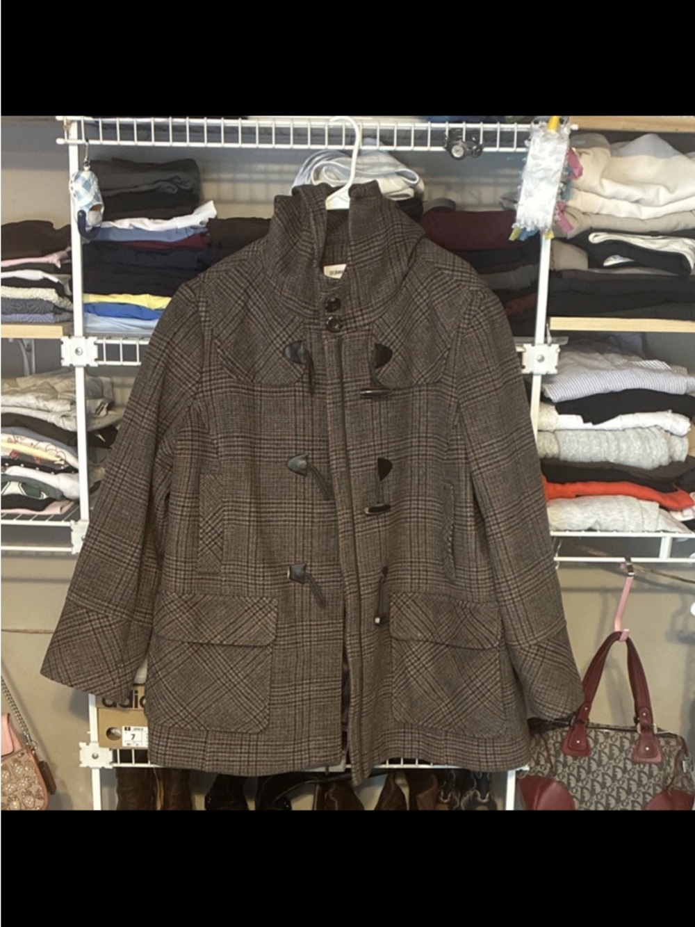 St. John's Bay Brown Plaid Toggle Pea Coat